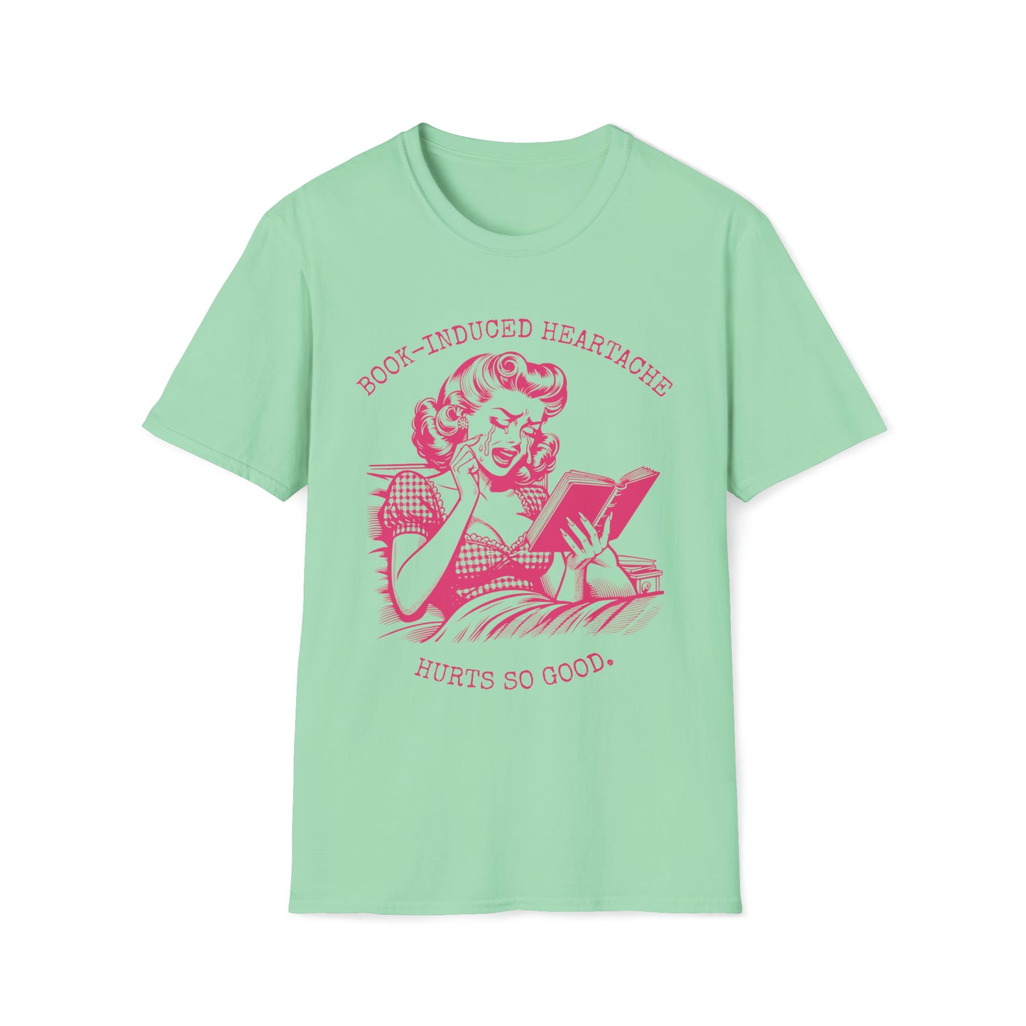 Book Lovers Vintage Style Book-Induced Heartache Graphic Tee, Nostalgic 1940s Housewife Pink Retro Artwork, Gift for Reader, Plus Size, Unisex Softstyle T-Shirt