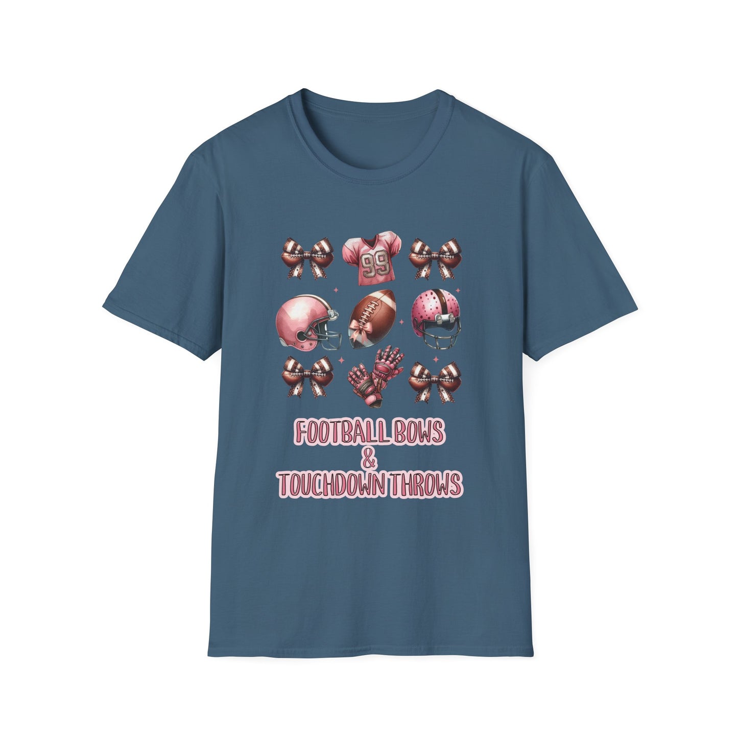 Football Bows and touchdown Throws Football Mom Fan Unisex Softstyle T-Shirt