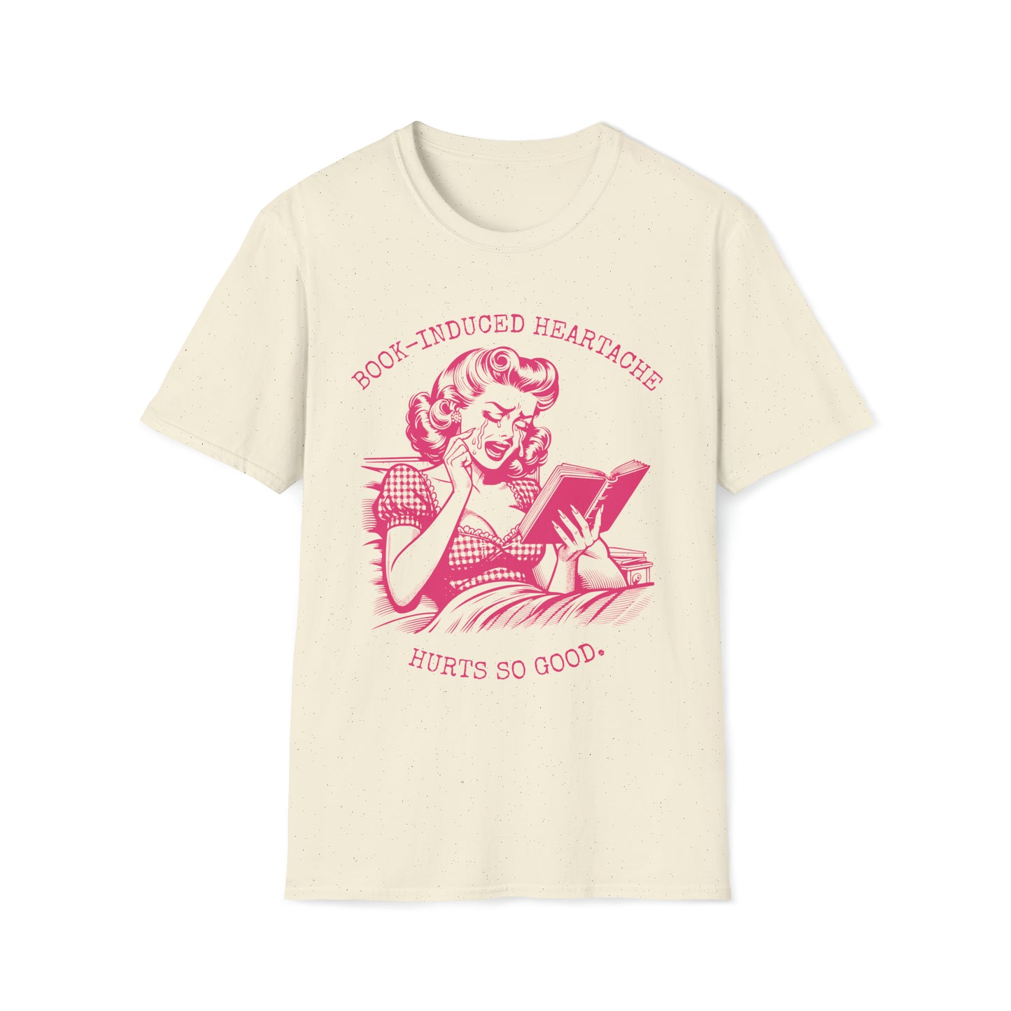 Book Lovers Vintage Style Book-Induced Heartache Graphic Tee, Nostalgic 1940s Housewife Pink Retro Artwork, Gift for Reader, Plus Size, Unisex Softstyle T-Shirt