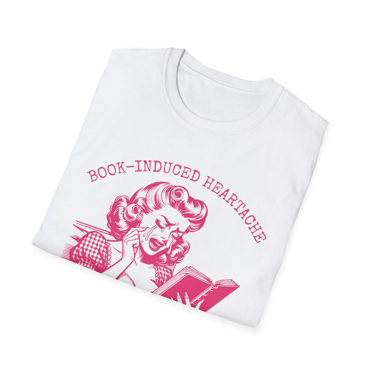 Book Lovers Vintage Style Book-Induced Heartache Graphic Tee, Nostalgic 1940s Housewife Pink Retro Artwork, Gift for Reader, Plus Size, Unisex Softstyle T-Shirt