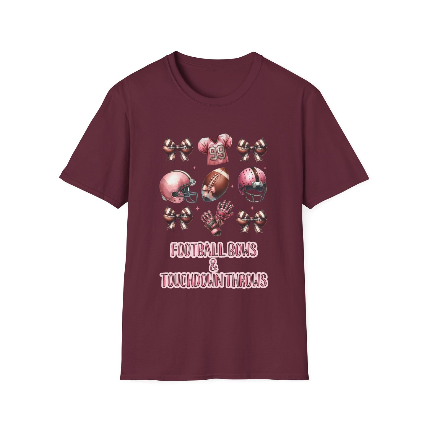Football Bows and touchdown Throws Football Mom Fan Unisex Softstyle T-Shirt