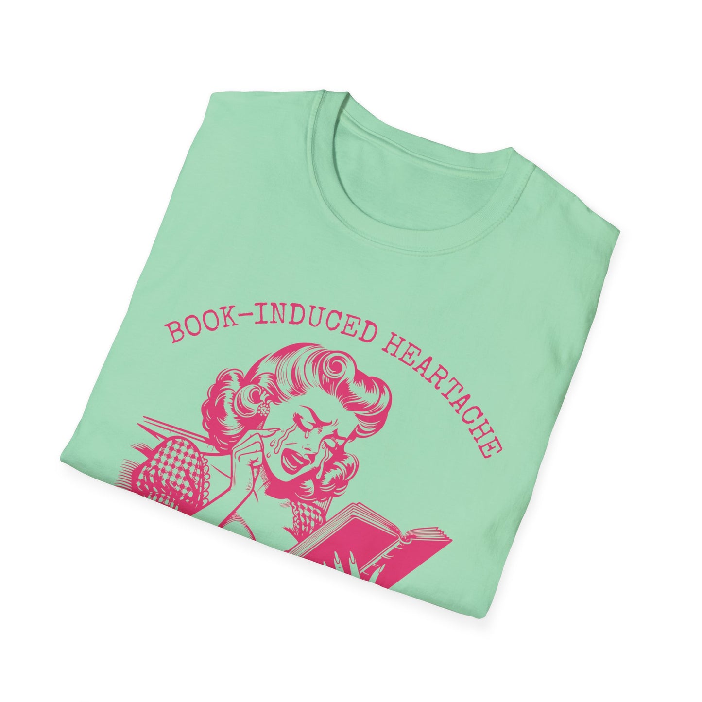 Book Lovers Vintage Style Book-Induced Heartache Graphic Tee, Nostalgic 1940s Housewife Pink Retro Artwork, Gift for Reader, Plus Size, Unisex Softstyle T-Shirt