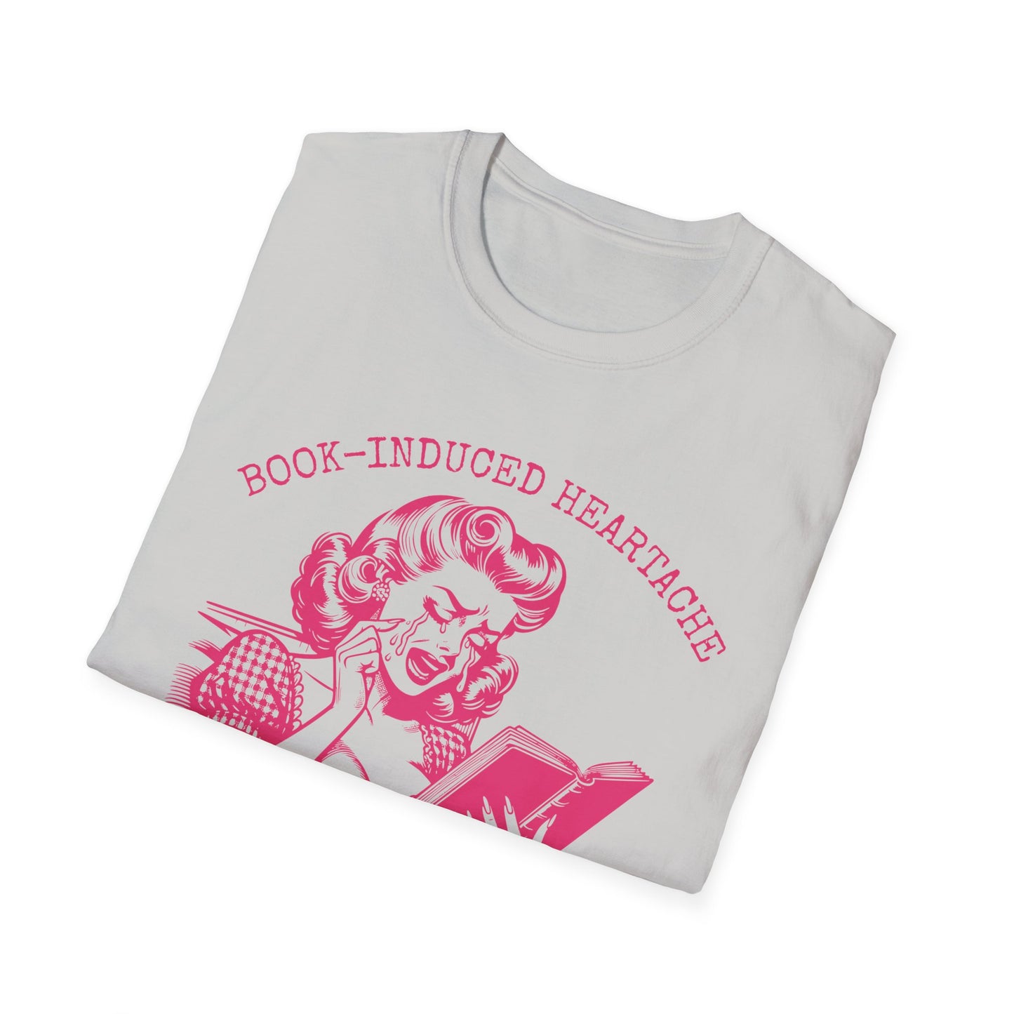 Book Lovers Vintage Style Book-Induced Heartache Graphic Tee, Nostalgic 1940s Housewife Pink Retro Artwork, Gift for Reader, Plus Size, Unisex Softstyle T-Shirt