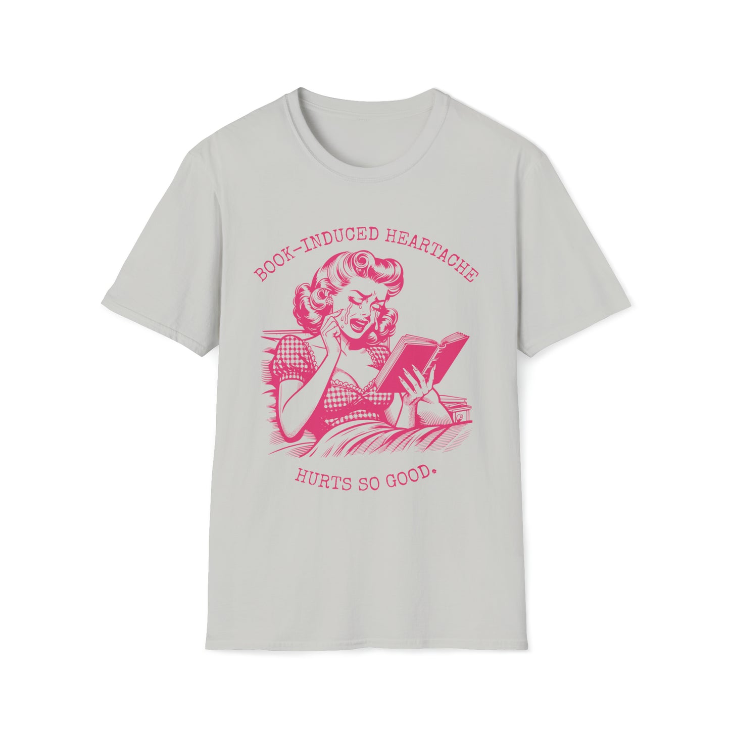 Book Lovers Vintage Style Book-Induced Heartache Graphic Tee, Nostalgic 1940s Housewife Pink Retro Artwork, Gift for Reader, Plus Size, Unisex Softstyle T-Shirt