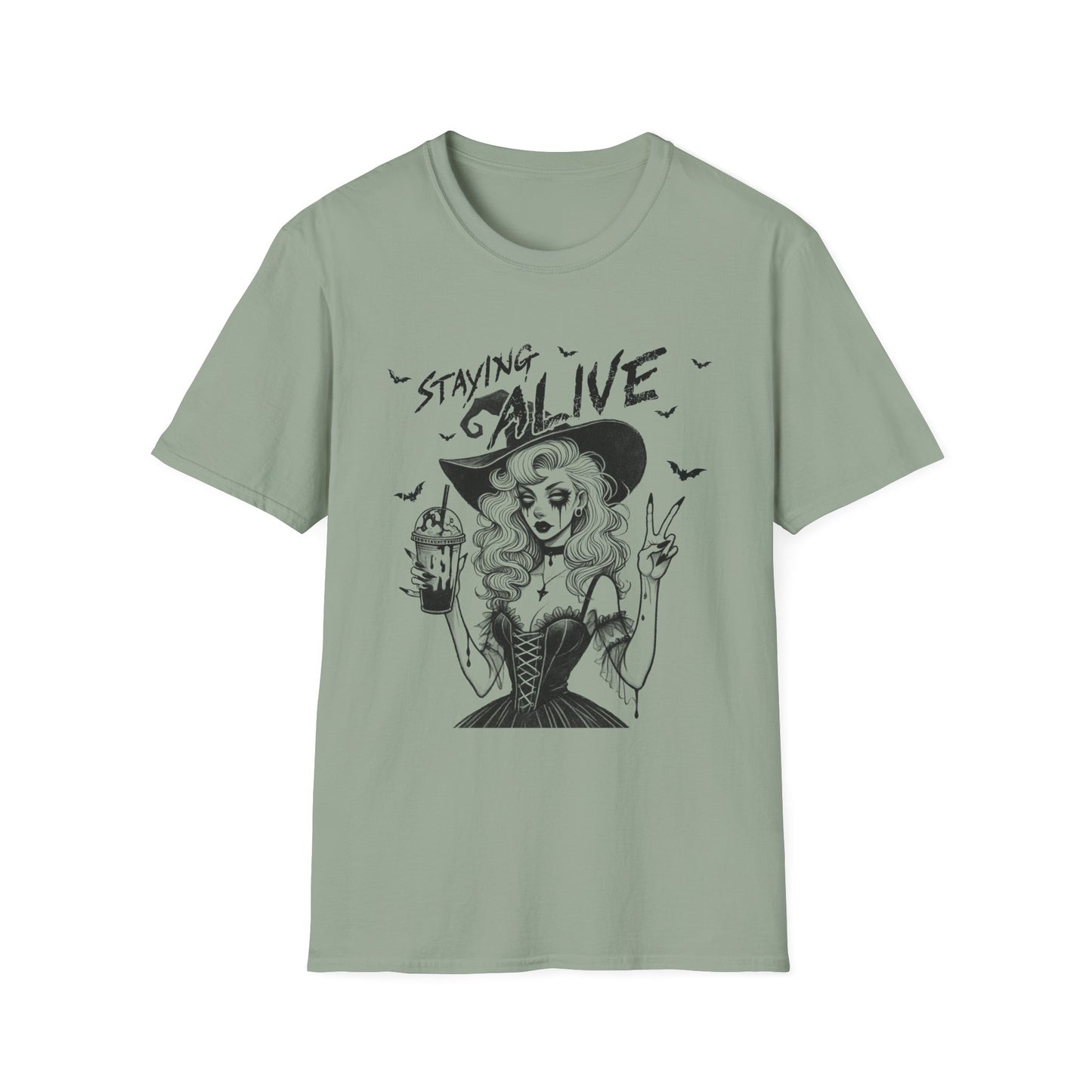 Witchy Staying Alive Halloween and Coffee Spooky Season T-Shirt Unisex Jersey Short Sleeve Holiday Graphic Tee
