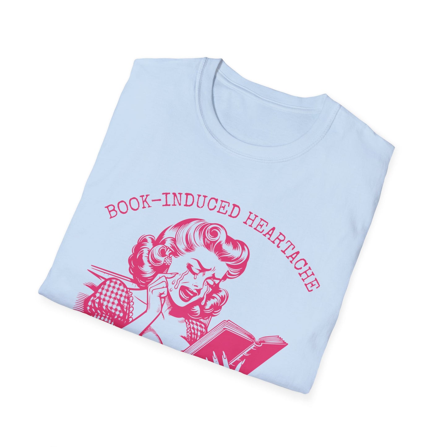 Book Lovers Vintage Style Book-Induced Heartache Graphic Tee, Nostalgic 1940s Housewife Pink Retro Artwork, Gift for Reader, Plus Size, Unisex Softstyle T-Shirt