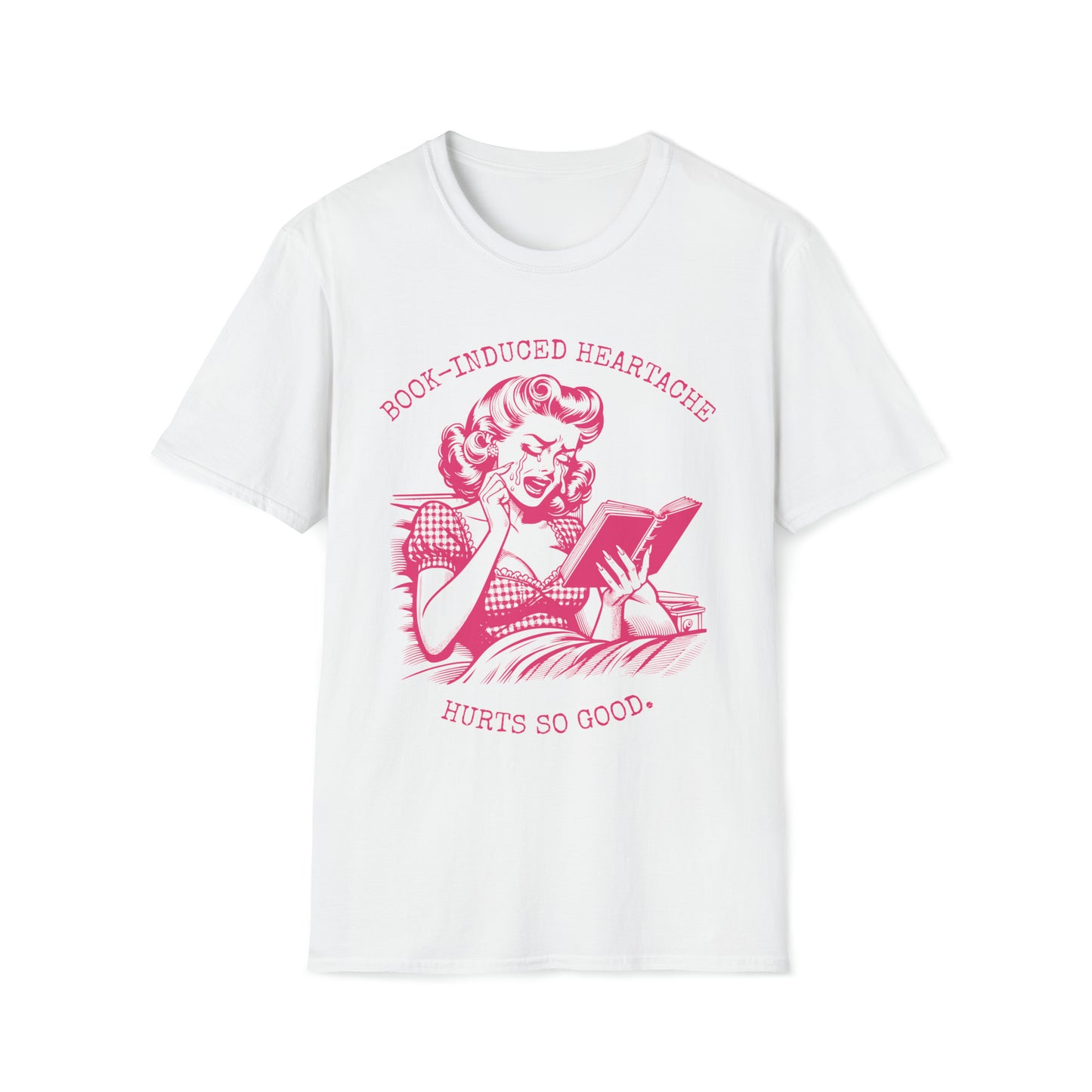 Book Lovers Vintage Style Book-Induced Heartache Graphic Tee, Nostalgic 1940s Housewife Pink Retro Artwork, Gift for Reader, Plus Size, Unisex Softstyle T-Shirt