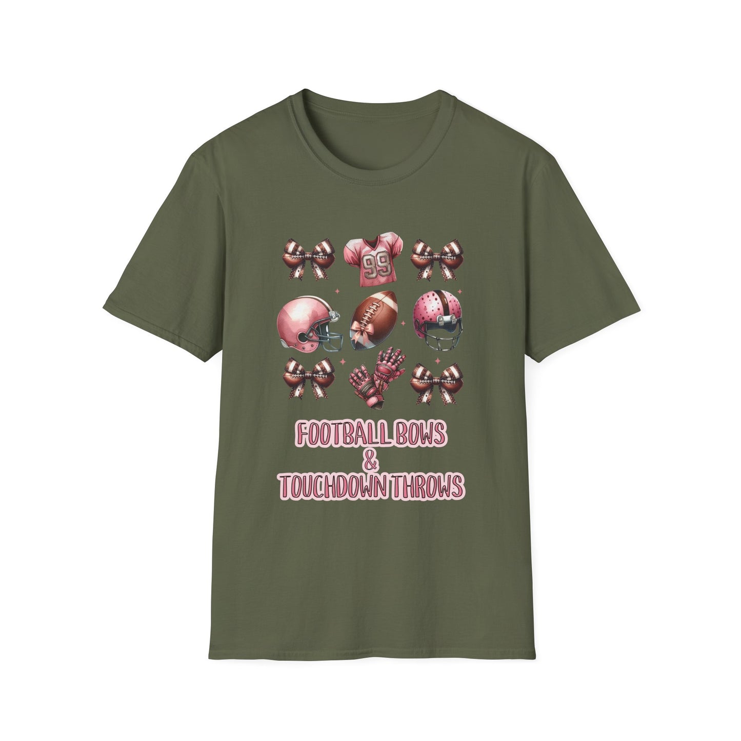 Football Bows and touchdown Throws Football Mom Fan Unisex Softstyle T-Shirt