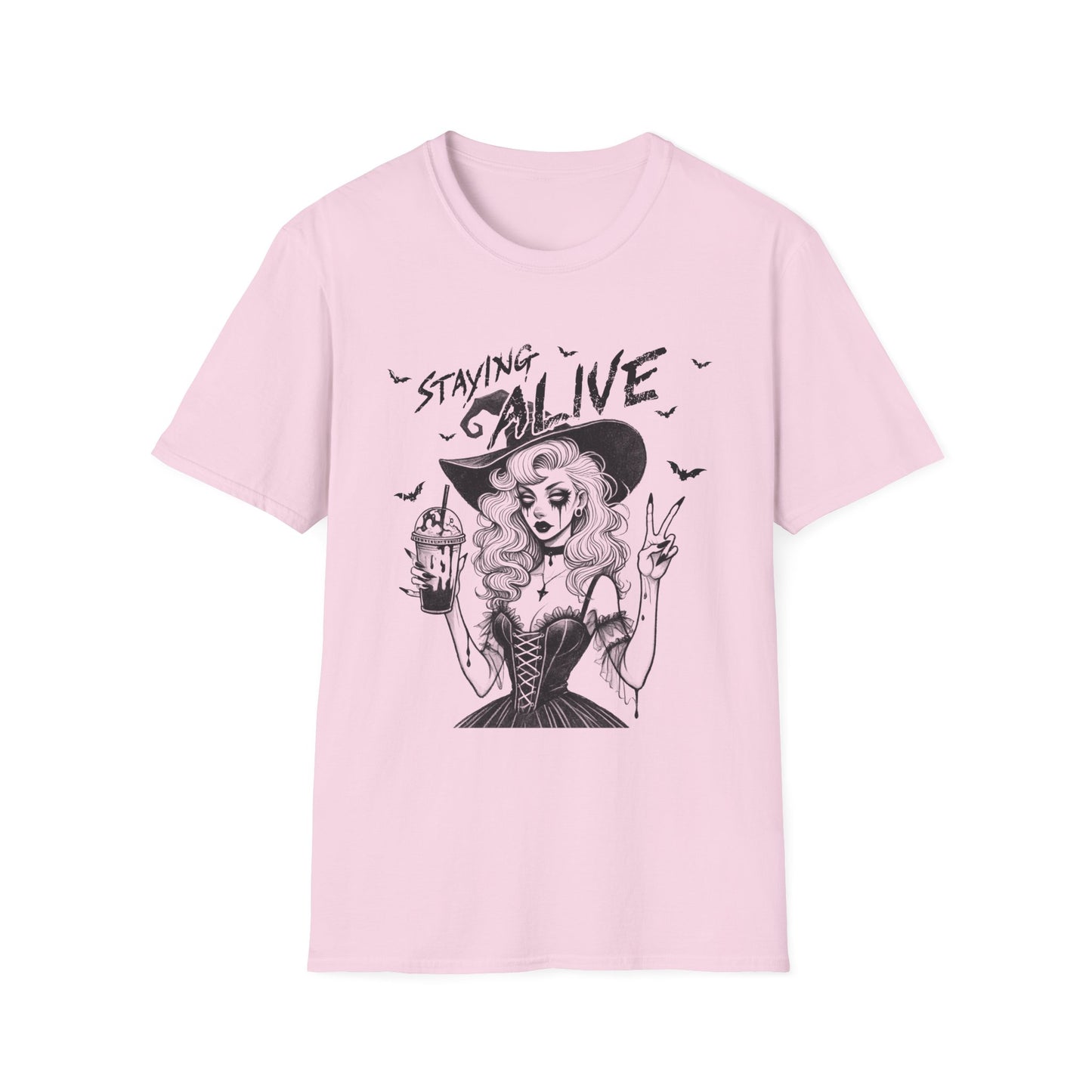 Witchy Staying Alive Halloween and Coffee Spooky Season T-Shirt Unisex Jersey Short Sleeve Holiday Graphic Tee