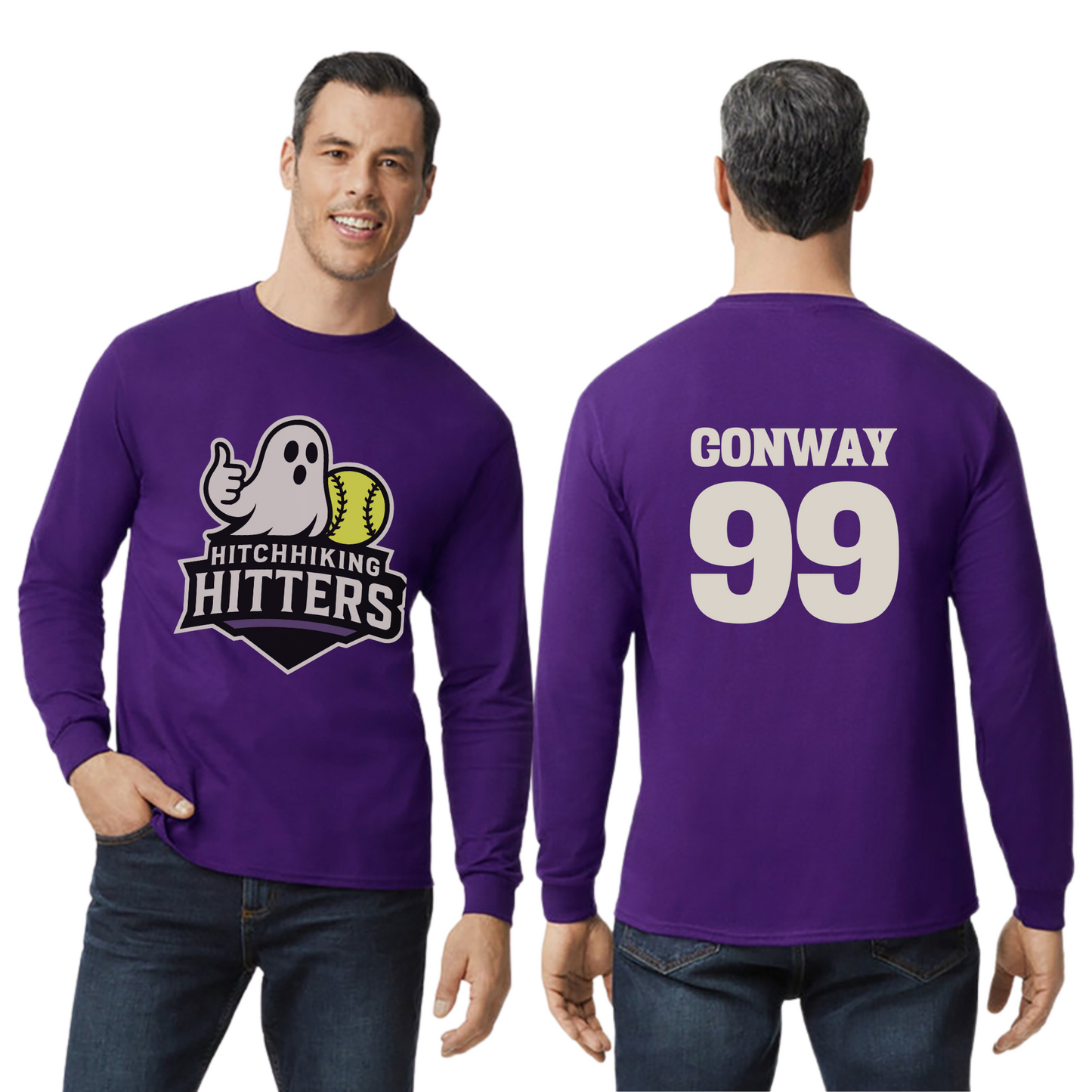 Custom Hitchhiking Hitters Long Sleeve Purple Softball T-Shirt Unisex Apparel