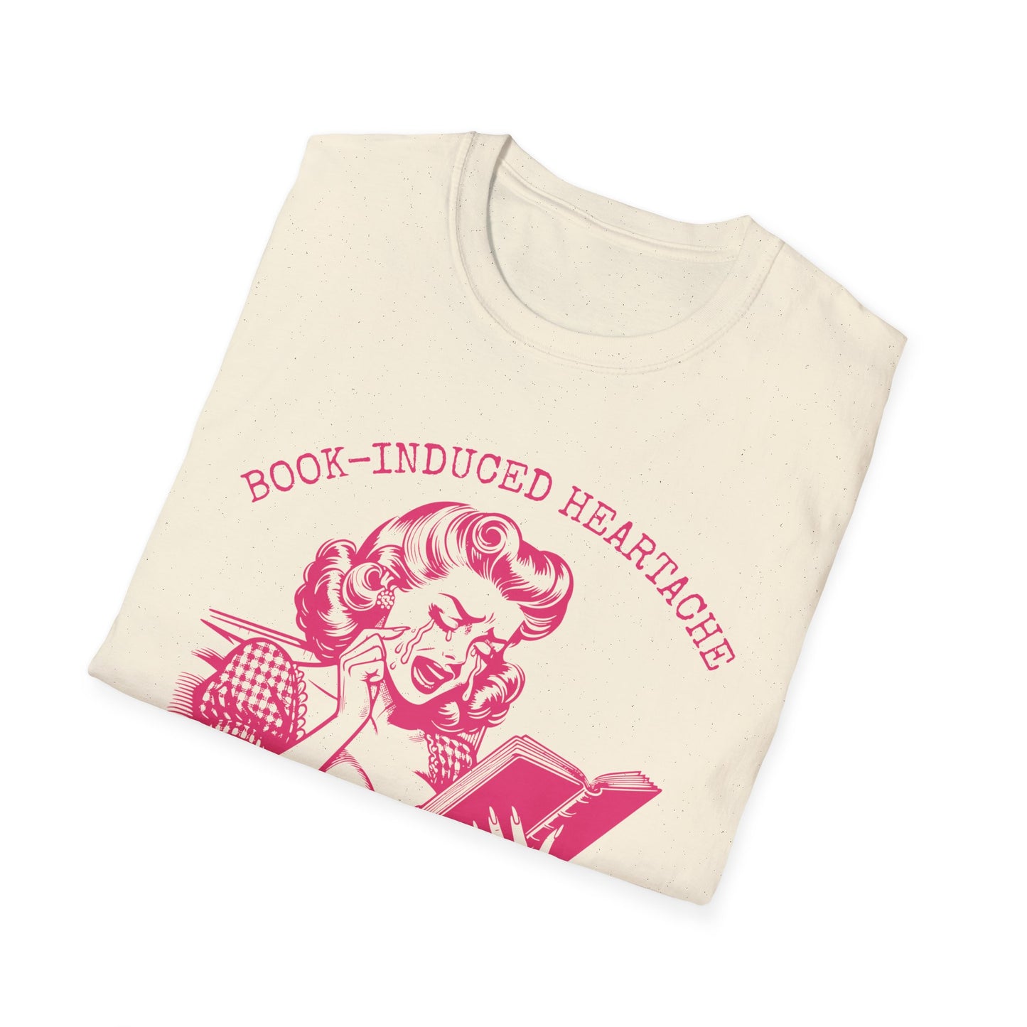 Book Lovers Vintage Style Book-Induced Heartache Graphic Tee, Nostalgic 1940s Housewife Pink Retro Artwork, Gift for Reader, Plus Size, Unisex Softstyle T-Shirt