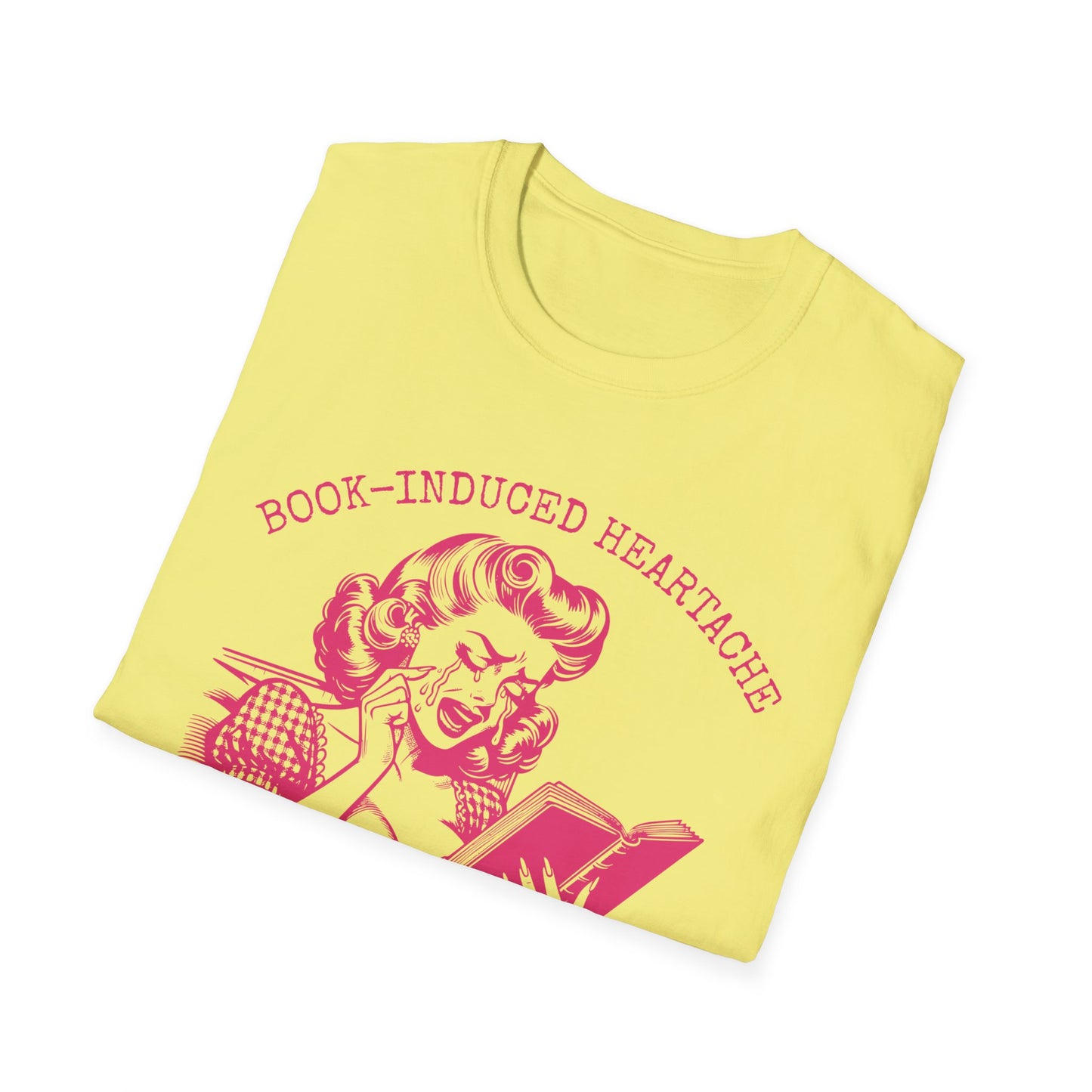 Book Lovers Vintage Style Book-Induced Heartache Graphic Tee, Nostalgic 1940s Housewife Pink Retro Artwork, Gift for Reader, Plus Size, Unisex Softstyle T-Shirt