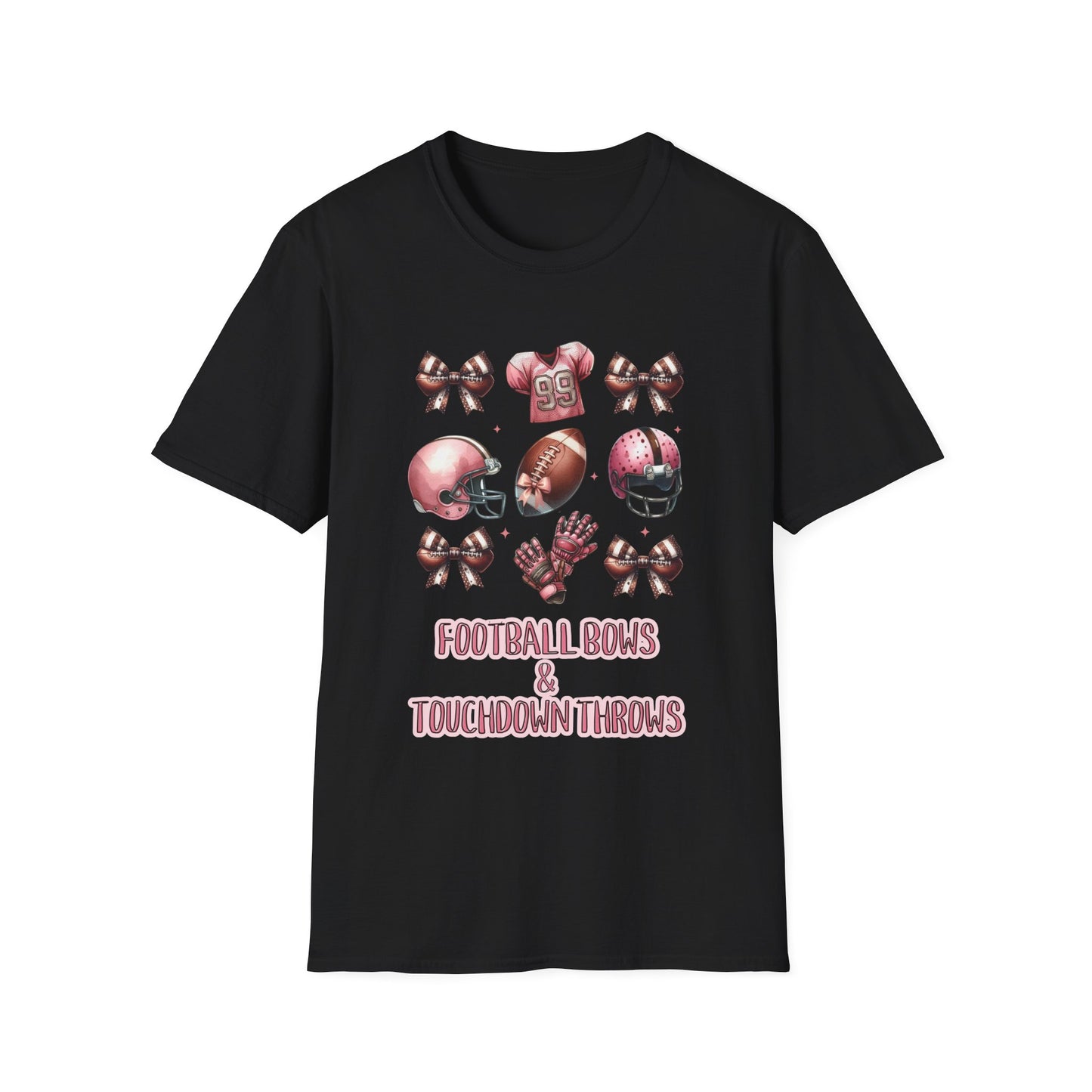 Football Bows and touchdown Throws Football Mom Fan Unisex Softstyle T-Shirt