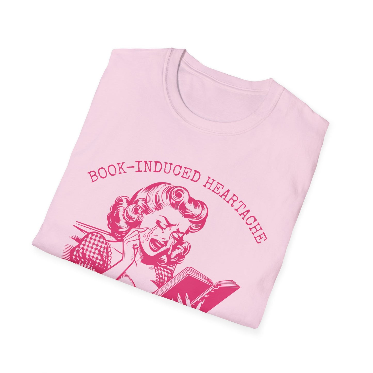 Book Lovers Vintage Style Book-Induced Heartache Graphic Tee, Nostalgic 1940s Housewife Pink Retro Artwork, Gift for Reader, Plus Size, Unisex Softstyle T-Shirt