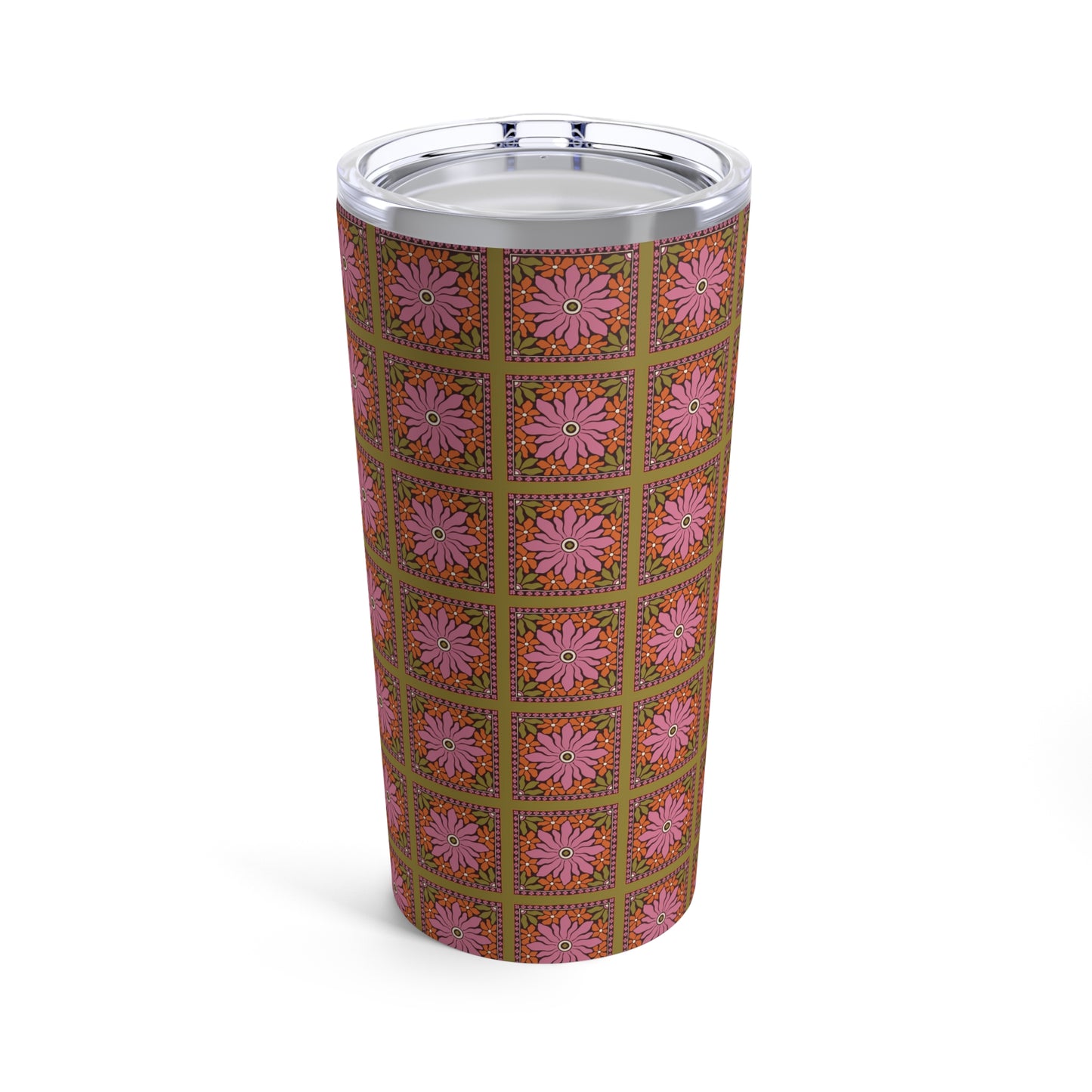 Earthy Retro Aesthetic Tumbler, Nature Inspired Flower Print Tumbler, Pink Green Yellow Boho Floral Tumbler 20oz