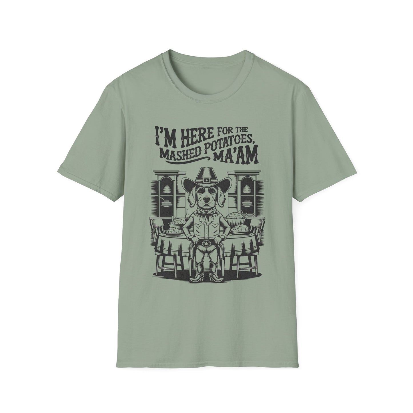 Funny Retro Cowboy Dog I'm Only Here for the Mashed Potatoes Holiday Unisex T-Shirt