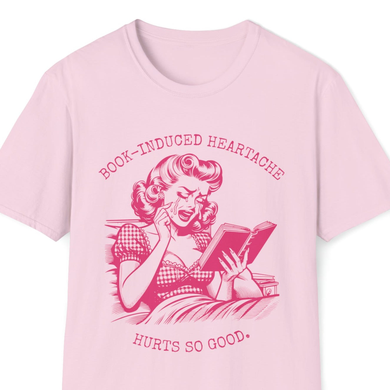 Book Lovers Vintage Style Book-Induced Heartache Graphic Tee, Nostalgic 1940s Housewife Pink Retro Artwork, Gift for Reader, Plus Size, Unisex Softstyle T-Shirt