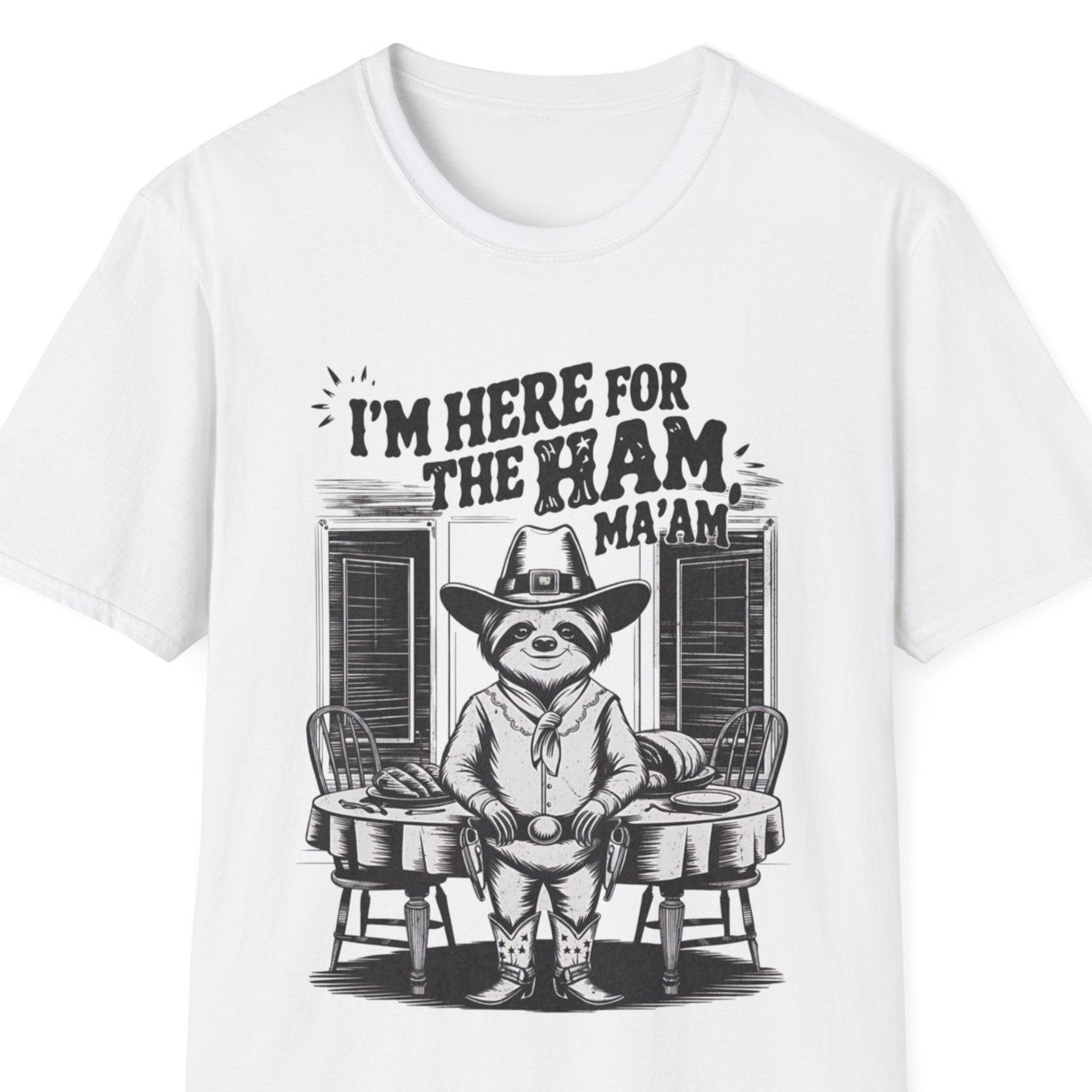 Funny Retro Cowboy Sloth I'm Only Here for the Ham Holiday Unisex T-Shirt