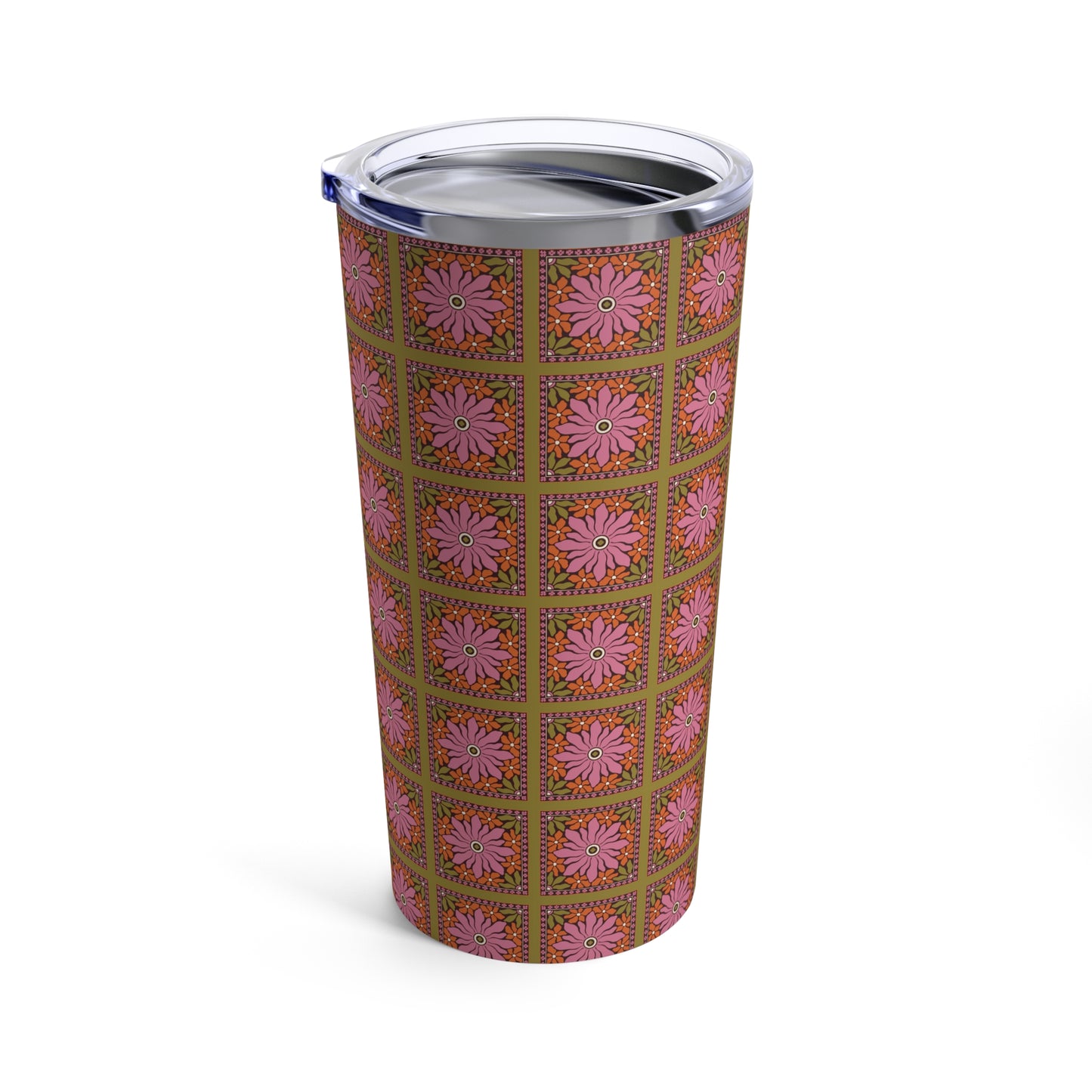 Earthy Retro Aesthetic Tumbler, Nature Inspired Flower Print Tumbler, Pink Green Yellow Boho Floral Tumbler 20oz