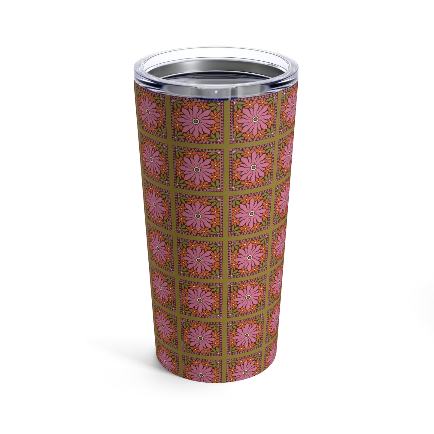 Earthy Retro Aesthetic Tumbler, Nature Inspired Flower Print Tumbler, Pink Green Yellow Boho Floral Tumbler 20oz
