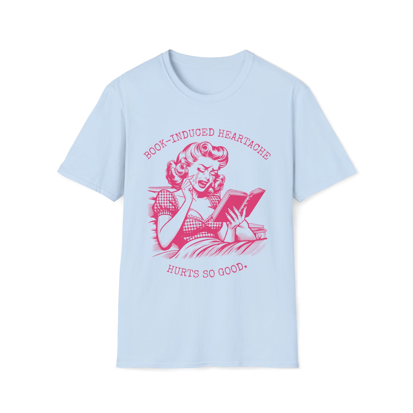 Book Lovers Vintage Style Book-Induced Heartache Graphic Tee, Nostalgic 1940s Housewife Pink Retro Artwork, Gift for Reader, Plus Size, Unisex Softstyle T-Shirt