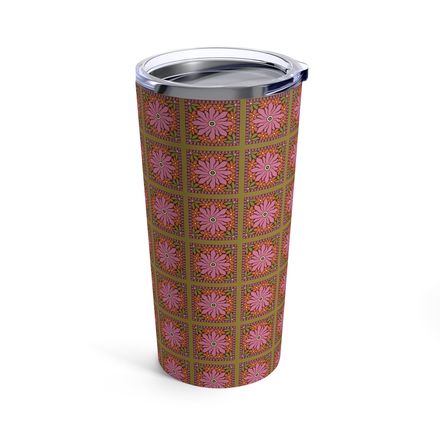 Earthy Retro Aesthetic Tumbler, Nature Inspired Flower Print Tumbler, Pink Green Yellow Boho Floral Tumbler 20oz