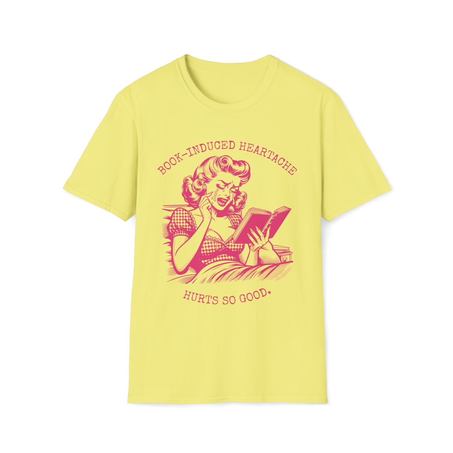 Book Lovers Vintage Style Book-Induced Heartache Graphic Tee, Nostalgic 1940s Housewife Pink Retro Artwork, Gift for Reader, Plus Size, Unisex Softstyle T-Shirt