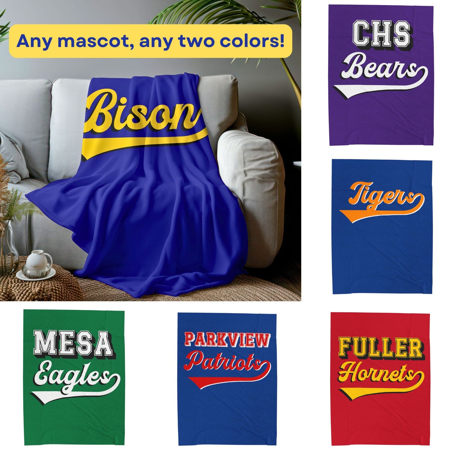 Custom Team Mascot and Colors, Velveteen Plush Stadium Blanket Medium Weight 3 Sizes