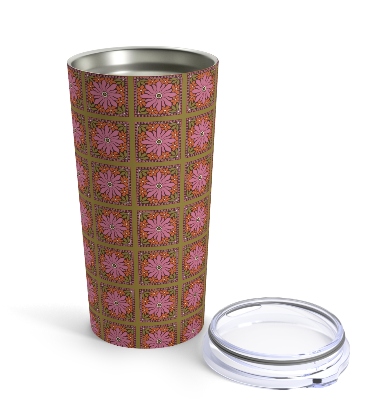 Earthy Retro Aesthetic Tumbler, Nature Inspired Flower Print Tumbler, Pink Green Yellow Boho Floral Tumbler 20oz