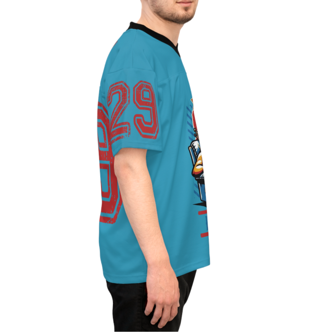 Person wearing a blue t-shirt with red numbers and graphics on a white background