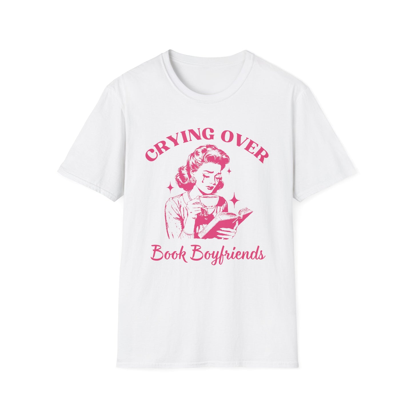 Crying Over Book Boyfriends, Vintage Housewife Aesthetic, Retro Woman Reading Book, Book Lovers Gift, Plus Size, Unisex Softstyle T-Shirt