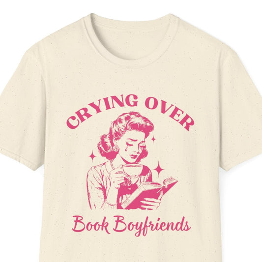 Crying Over Book Boyfriends, Vintage Housewife Aesthetic, Retro Woman Reading Book, Book Lovers Gift, Plus Size, Unisex Softstyle T-Shirt