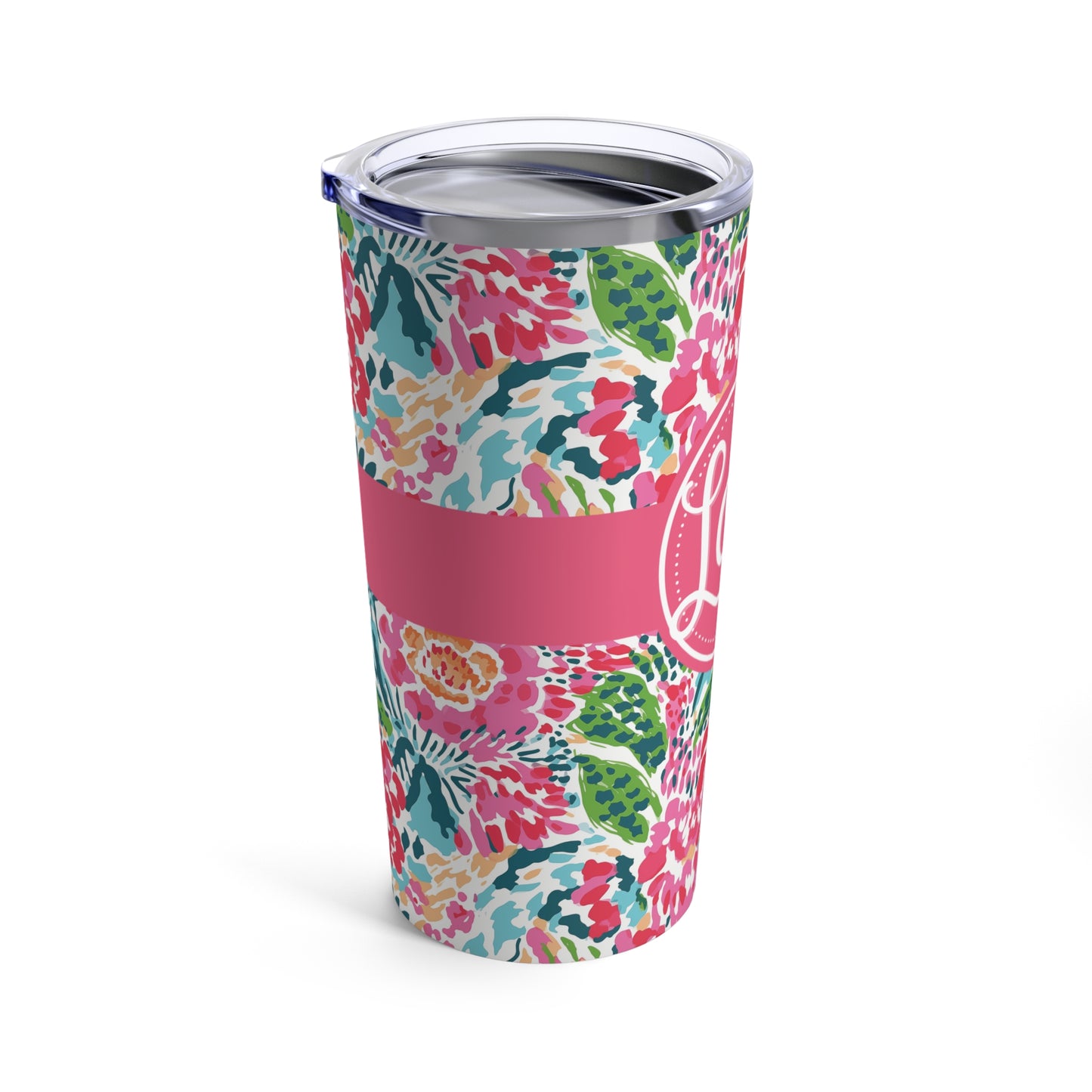 Personalized Lilly-Inspired Floral Tumbler, Stainless Steel Double-Wall Insulated 20 Oz. Cup, Custom Name, Push-On Lid, Gift for Her