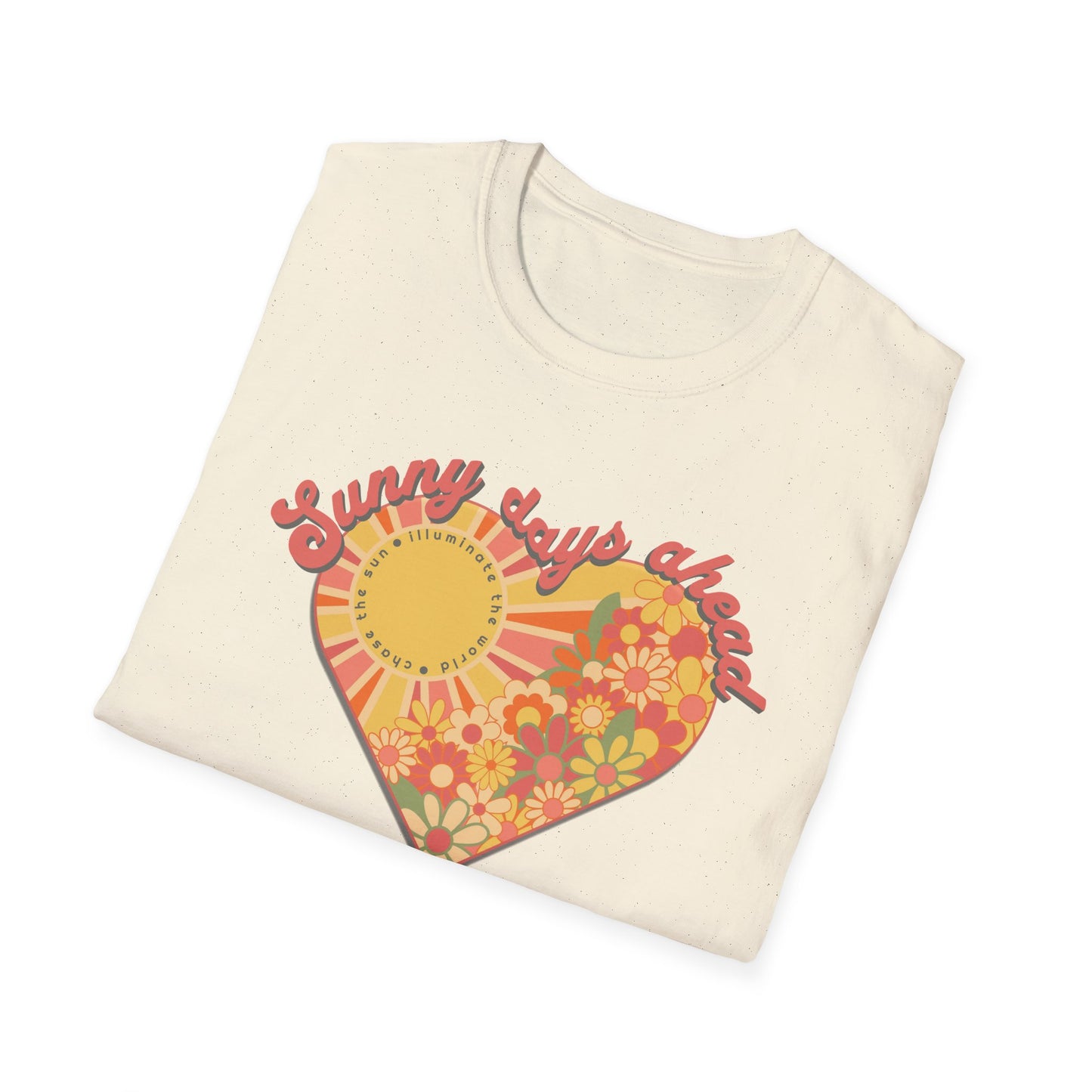 Retro Sunshine Floral Heart Tee, Sunny Days Ahead Vintage-Inspired Positive Affirmation, Retro Aesthetic, 70s Vibe, Plus Size, Unisex Softstyle T-Shirt