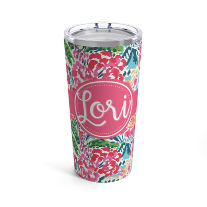Personalized Lilly-Inspired Floral Tumbler, Stainless Steel Double-Wall Insulated 20 Oz. Cup, Custom Name, Push-On Lid, Gift for Her