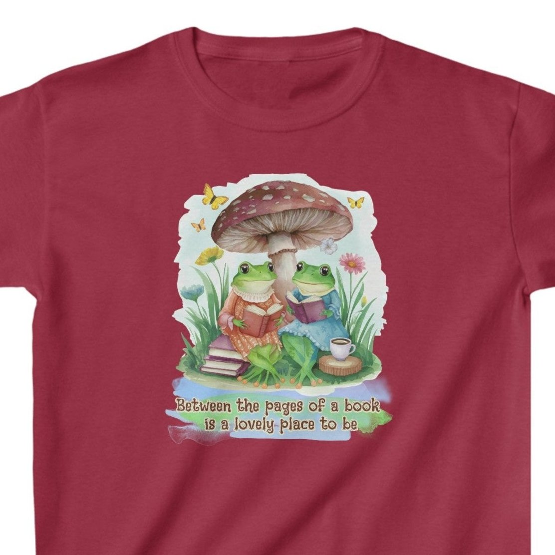 Book Frogs and Mushroom Reading Aesthetic Big Kids Heavy Cotton™ Tee