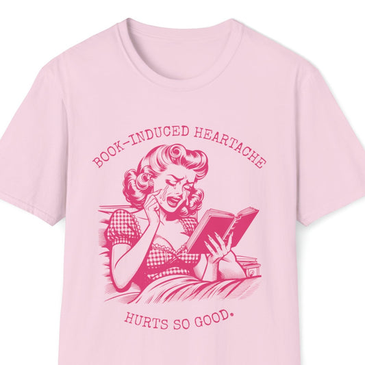 Book Lovers Vintage Style Book-Induced Heartache Graphic Tee, Nostalgic 1940s Housewife Pink Retro Artwork, Gift for Reader, Plus Size,  Unisex Softstyle T-Shirt