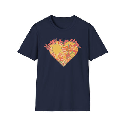 Retro Sunshine Floral Heart Tee, Sunny Days Ahead Vintage-Inspired Positive Affirmation, Retro Aesthetic, 70s Vibe, Plus Size, Unisex Softstyle T-Shirt
